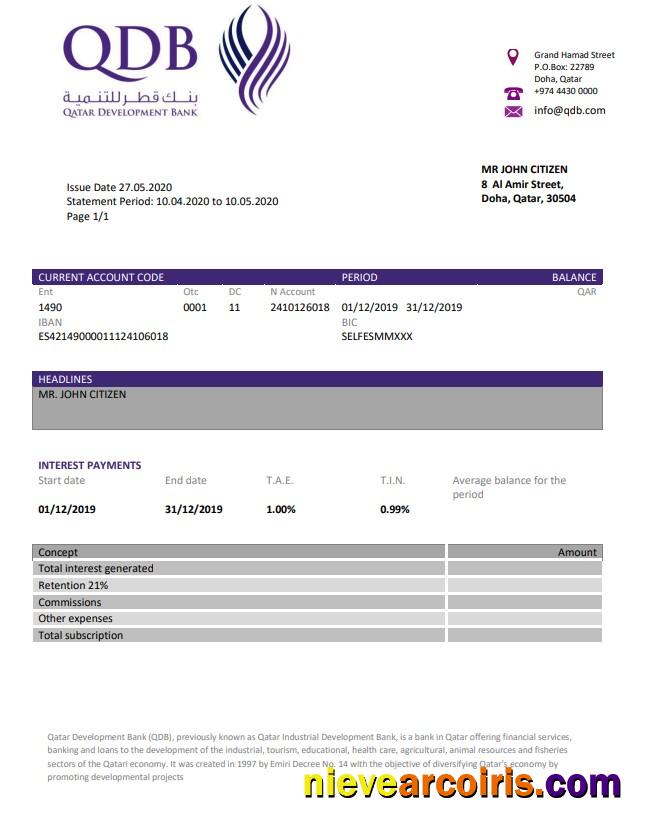 Qatar Development Bank statement, Word and PDF format (.doc and .pdf)